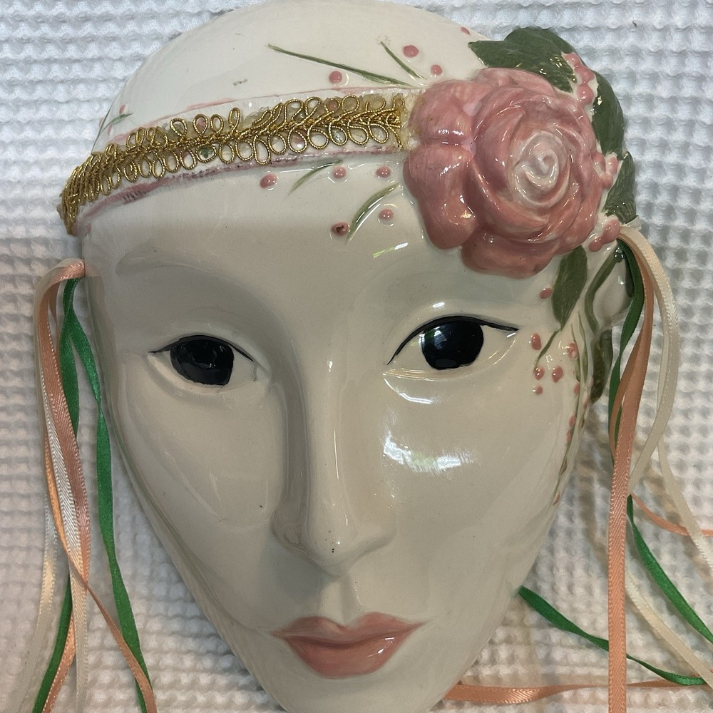 Vtg Clay Art Ceramic Wall Mask Girl Flower Ribbon Art Deco FLAW